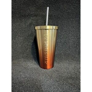 Starbucks 2014 Gold To Red Ombre Metal 16oz With Metal Straw Cold Cup